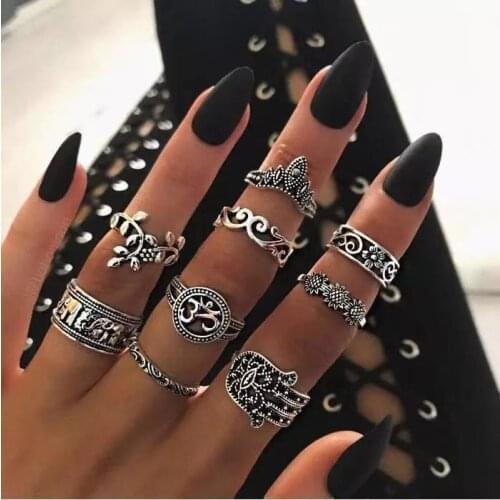 Boho Midi Finger Rings Set for Women Punk Elephant Flower Hollow Out Sliver Knuckle Rings Jewelry Gift