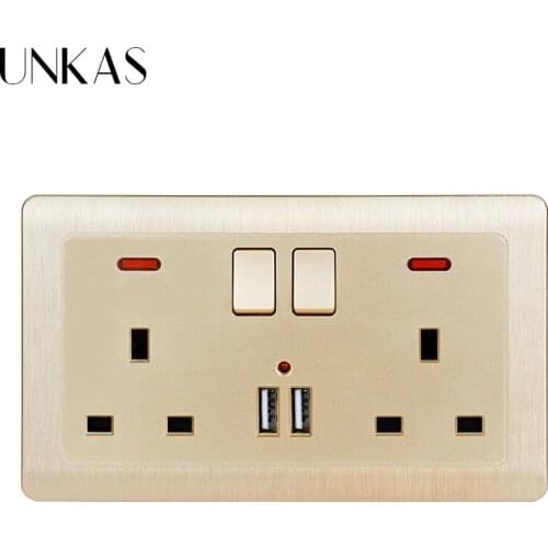 UNKAS Wall Power Socket Double UK Standard Outlet Switched 2.1A Dual USB Charger Port LED Indicator 146mm * 86mm Gold