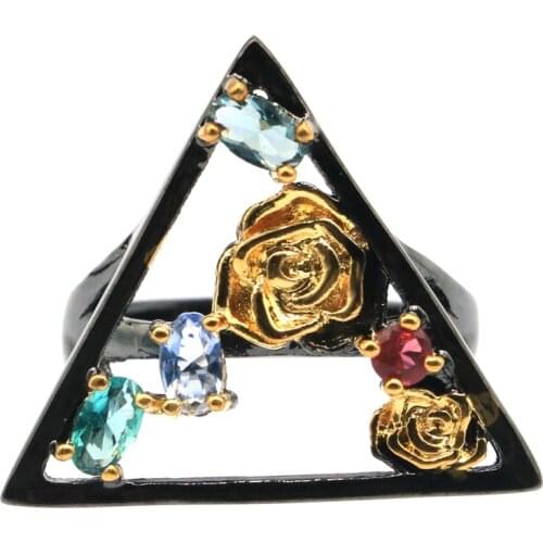 26x22mm Neo-Gothic Multi Color Trangle Created Aquamarine Garnet Tanzanite For Men Coolo Black Gold Silver Rings Punk Hollow
