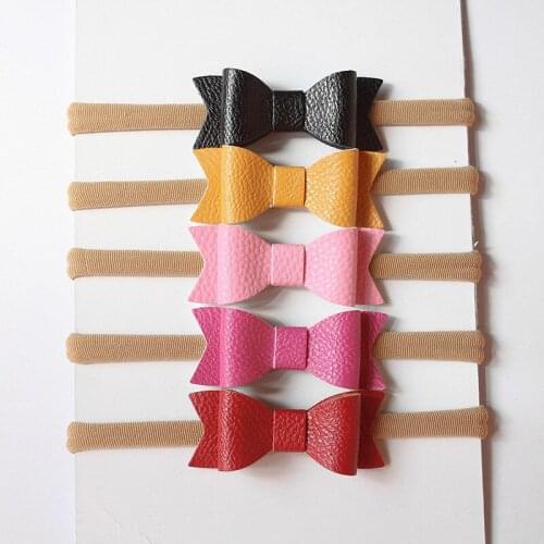 New PU Leather Texture Faux Leather Bow Hair for Children Bands Nylon Elastic Bands Toddlers Hairbands Girls Headbands Rose Gold