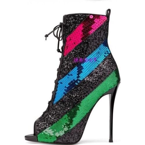 New Arrival Colorful Bling Bling Glitter Women Ankle Boots Peep Toe Lace-up Thin Heels Ladies Dress Shoes Cut-out Gladiator Boot