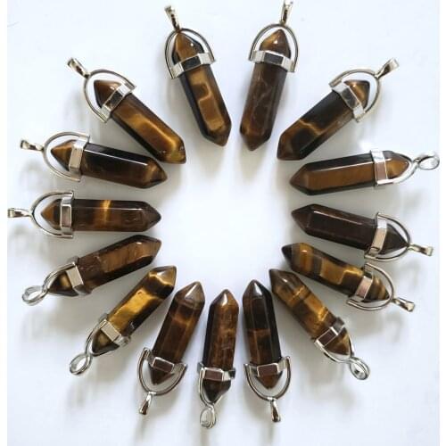 Wholesale 24pcs/lot 2018 Hot natural tiger eye stones pillar shape charms point Chakra pendants for jewelry making