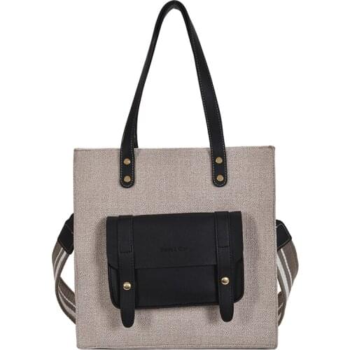 Casual Linen Large Capacity Women Shoulder Bags Designer Wide Strap Handbag Pu Patchwork Messenger Bag female Shopper Big Tote