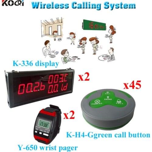 Restaurant Waiter Buzzer System CE Approved 433.92MHZ Call Buzzer Bell Voice Pager (2 display 2 wrist watch 45 call button)