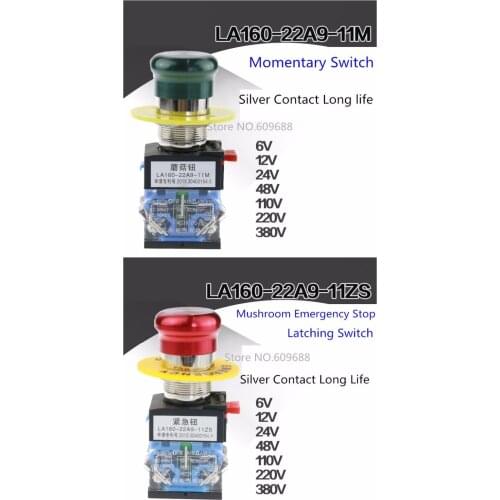 22mm 10A Waterproof Metal Push Button Switch Mushroom Emergency Stop Big Current LA160-22A9-11M