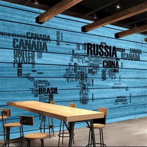 Wellyu Customized large murals fashion home improvement blue wooden board English alphabet world map tooling wall
