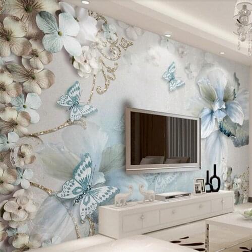 Wellyu papel de parede Beautiful 3d Mediterranean flowers Butterfly Jewelry TV Wall Custom Large mural Green Wallpaper
