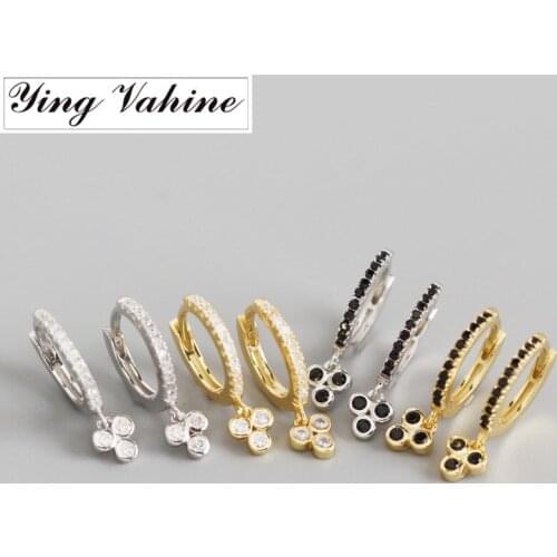 Ying Vahine 100% 925 Sterling Silver Small White and Black Zircons Geometric Triangle Pendant Drop Earrings for Women