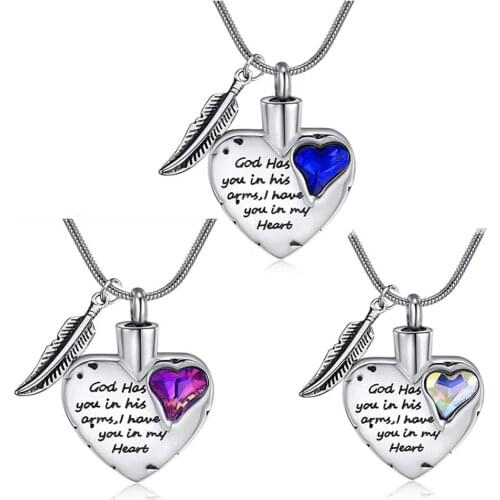 God has you in his arms Stainless Steel Cremation Jewelry Heart Urn Necklace for Ashes Keepsake pendant with Angel Wing