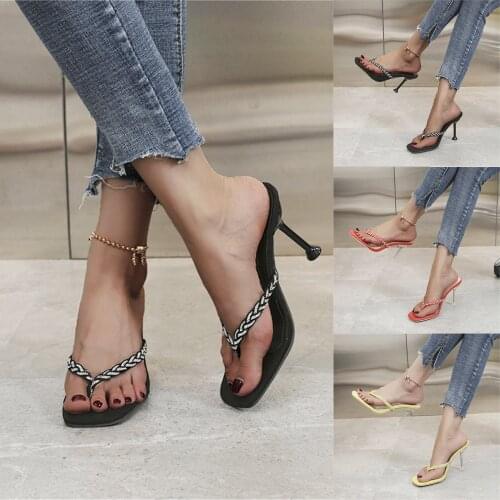 2021 New Brand Women Woven Rhinestone Cross Flip-Flops Female High Heels Flip Flops Square Toe Slides Party Shoes Woman сандалии