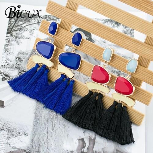 BICUX Bohemian Resin Tassel Drop Earrings for women Summer Fashion Vintage Statement Long Fringe Dangle Earring 2019 Jewelry