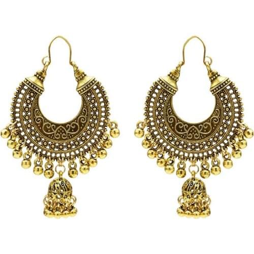 Vintage Ethnic Gypsy Indian Earrings For Women Boho Jewelry Ladies Retro Round Bell Tassel Hollow Tassel Jhumka Earrings 2019
