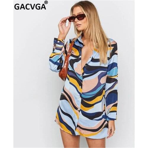 GACVGA Print Single-breasted Casual Shirt Dresses Women Autumn New Fashion Long Slevee Loose Dress High Street Female Outwear