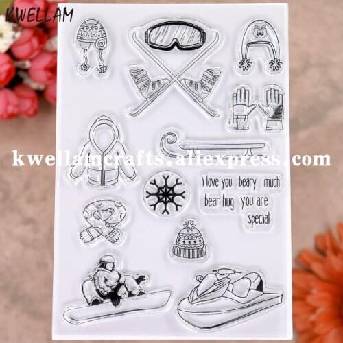 Winter Ski equipment Ski Poles Scarf Hat I Love You Scrapbook photo cards rubber stamp clear stamp transparent stamp 20102010