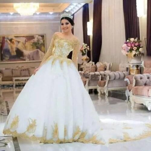 2022 Arabic Luxurious Gold Lace Wedding Dresses Applique Elegant Bride Dresses Vintage Caftan Dubai Reception Wedding Gowns