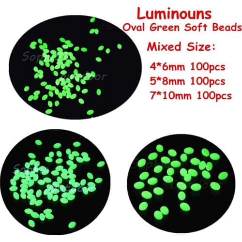 300pcs three Sizes Oval Premium Quality Luminous Soft Fishing Float Beads egg shape Glow Lumo Green Plastic Fish Lure Accessory