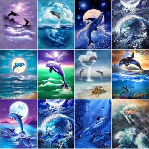 Dolphins Jump Diy 5D Diamond Paintings Sea Moon Full Square and Round Embroidery Mosaic Cross Handmade Wall Art Home Decoration