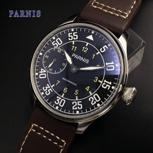 Parnis 44mm Case Mechanical Men Watch Hand Winding Mens Watches ST3600 Movement Leather Strap Man Clock 2021 Top Luxury Brand