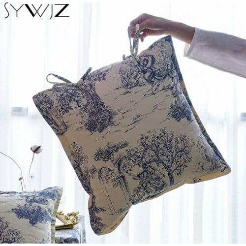 Natural Blue Ink Scenic Printing Cushion Cover with Strings Canvas Retro Throw Pillows Case 47*47cm Farmhouse Home Decor Cojines