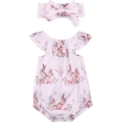 2021 Baby Summer Clothing Infant 2Pcs Set Baby Girl Easter Rabbit Print Romper Crotch Button Ruffled Collar Jumpsuit Hair Band