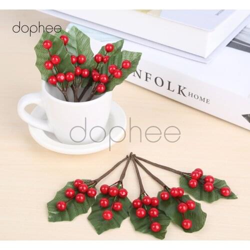 Dophee 10pcs Artificial Leaves+ Holly Berries for Wedding Party Home Decoration DIY Christmas Artificial Leaf Flower Silk Leaves