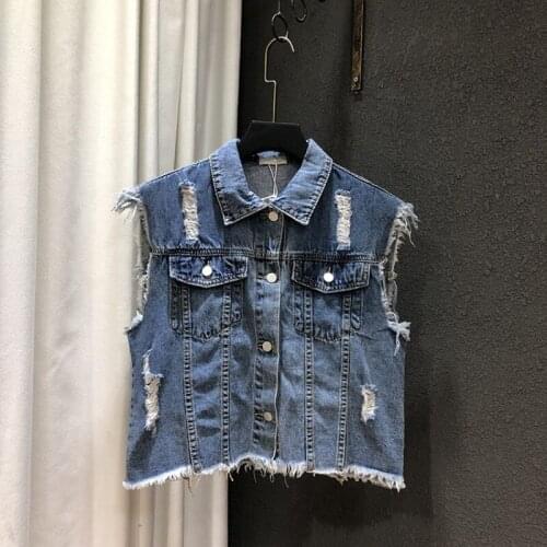 Summer Women Fashion Sleeveless Tassel Hole Ripped Denim Coat Casual Thin Cowgirl Jacket Single Breasted White Short Jacket