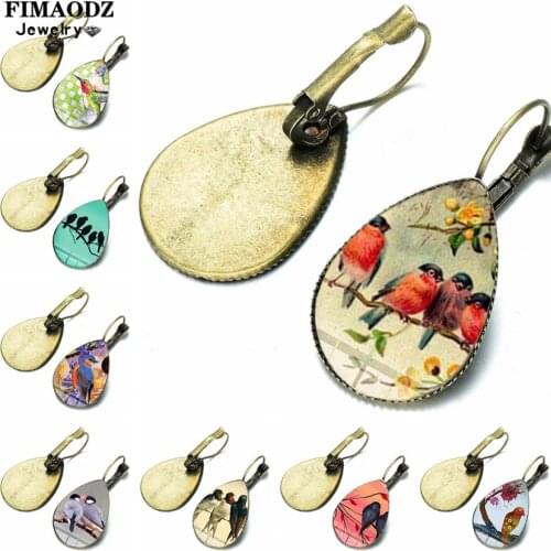 FIMAODZ Charm Flower Hummingbird Earrings Vintage Art Photo Bird Parrot Glass Crystal Hand Craft Dangle Earring Women Jewelry