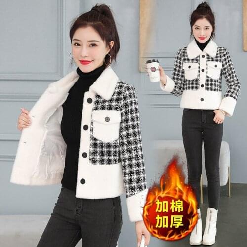 Women Imitation Mink Velvet Coat Jacket 2021New Female Autumn Winter Short Coats All-match Lattice Thickening Jackets Top B