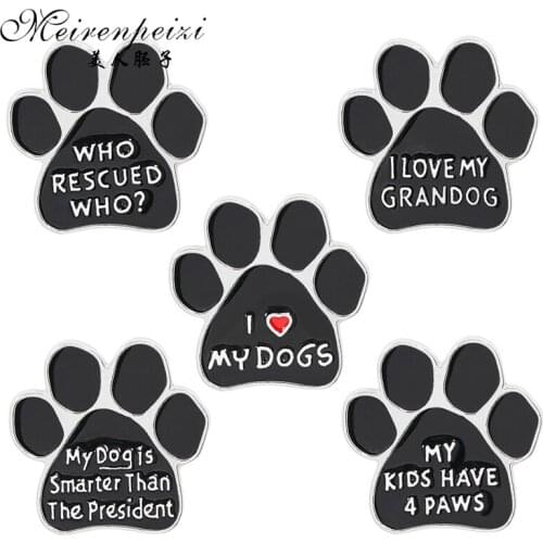 Meirenpeizi I love my Dog black pendant Human hand print and dog print pins Lapel pin Badge Best friend