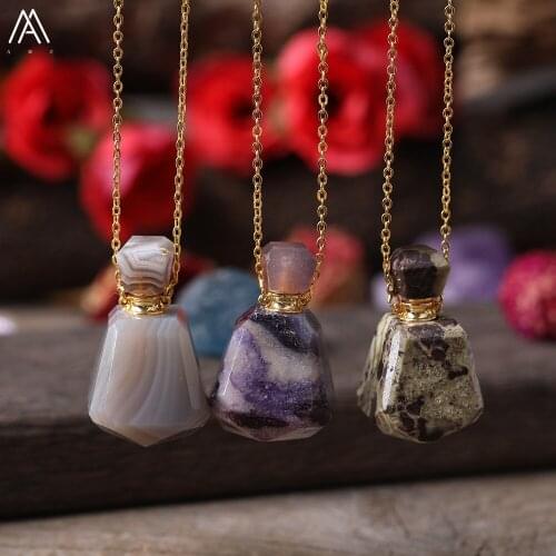 Fashion Women Stone Beads Gold Pendant Jewelry,Natural Purple Charoite Botswana Agtes Perfume Bottles Pendant Necklace For Women