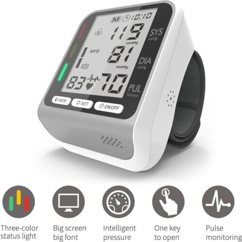Wrist Blood Pressure Monitor with Voice Prompt Portable Household Sphygmomanometer Electronic Heart Rate Pulse Tonometer Meter