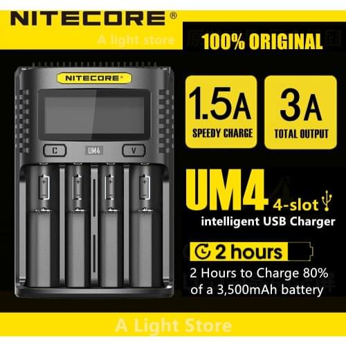 Original Nitecore UM4 UM2 USB QC Battery Charger Intelligent Circuitry Global Insurance li-ion AA AAA 18650 21700 26650