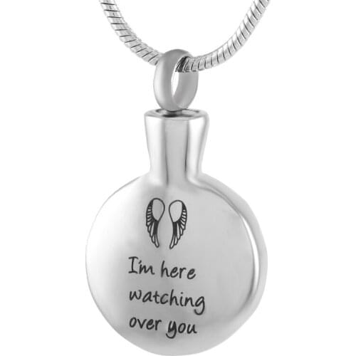 IJD9302 Engraved"I'm here watching over you"Memorial Urn Pendant Necklace Stainless Steel Ashes Keepsake Cremation Jewelry
