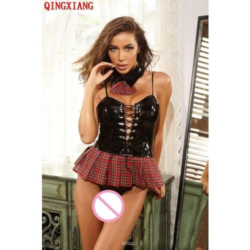 2021 Faux Leather School Girl Plus Size England Striped Dress Cosplay Lacing Bra Sexy Uniform Erotic Underwear Student Costumes