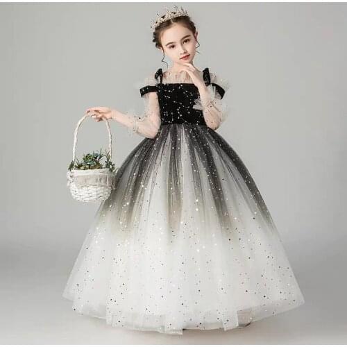 Girls Luxury Birthday Evening Party Princess Dresses Shoulderless collar Ball Gown Children Kids Model Show Sequined Long Dress