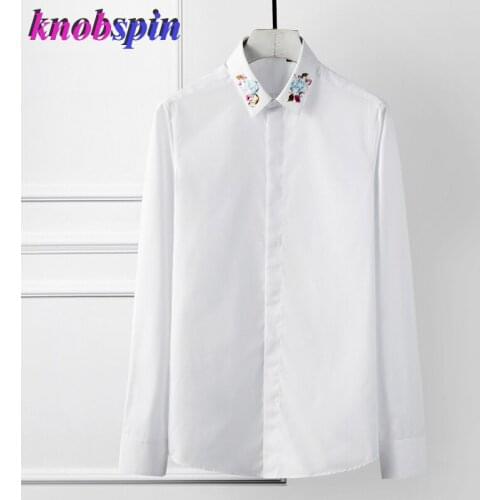 Fashion Brand Business male Dress Shirt 2019 Long sleeve Slim shirts men Elegant Flower Embroidery Collar Solid Camisa masculina