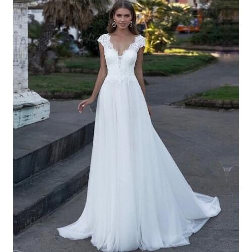 Wedding Dress A-Line V-Neck Cap Sleeve Lace Appliques Backless Floor Length Sweep Train Elegant Bride Gown Custom Made 2021