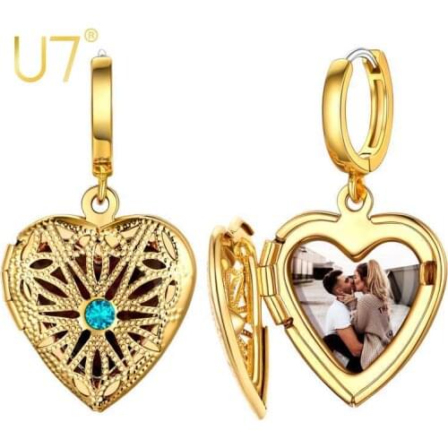 U7 Vintage Hollowed Flower Birthstone Jewelry Heart Locket Drop Dangle Earrings Customized Picture Text Gift for Sensitive Ears