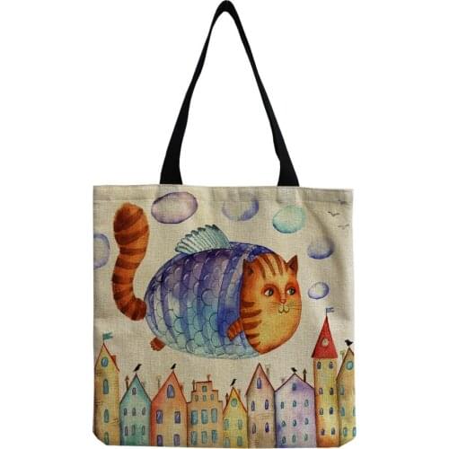 Bright Colors Limited Shopping Shoulder Bag ECO Friendly Female Shopper Bags 2020 Hot Sale Cute Cartoons Fish Print Like Cat Bag