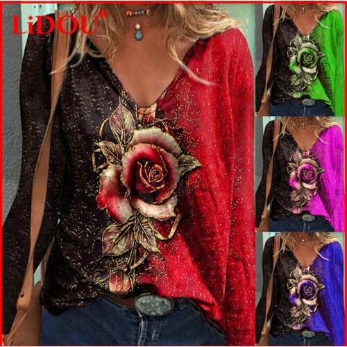 Women Fashion Flower Pattern T-shirt Lady Rose Printing Tops Female Loose V-neck Long Sleeve Clothes Loose Casual Pullover Tops