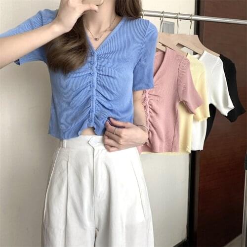 T-shirt Design Sense Pleated V-neck Short-sleeved Sweater Womens Summer New Korean Style Slim Slim All-match Blouse