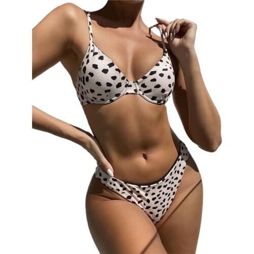 2021 New Womens Two Piece Swimsuit Leopard Pattern Ribbed Adjustable Shoulder Strap Bra Sexy Pantie Bikini for Female Swimwear