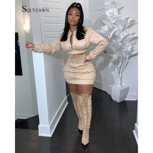 Autum Women Full Sleeve Zipper O-neck Bomber Jacket+ Front Zip Mini Dress Two Piece Set Workout Tracksuit Coat and Skirt Outfits