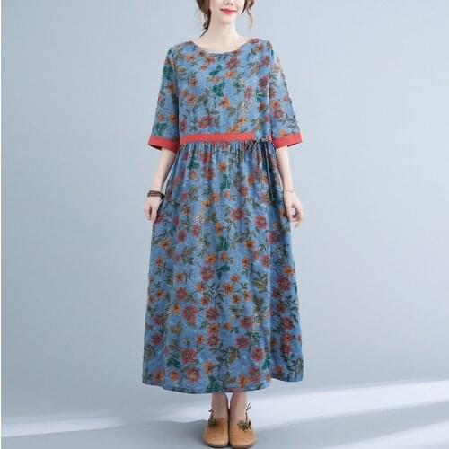 Women Summer Cotton Linen Casual Dress New Arrival 2021 Vintage Style Floral Print Loose Comfortable Female Long Dresses B536
