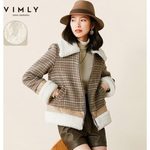 Vimly Winter Woolen Coats For Women Fashion Lapel Zipper Pockets Splicing Plaid Short Jacket Female Thicken Overcoat F5651