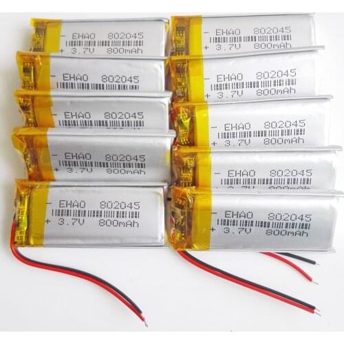Lot 10 pcs 802045 3.7V 800mAh lipo polymer lithium rechargeable battery for MP3 GPS DVD bluetooth recorder camera smart watch