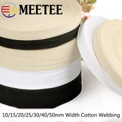 50Yards 10/15/20/25/30/40/50mm Width Cotton Webbing Herringbone Black White Natural Bag Strap Webbing Fabric Clothes Accessories