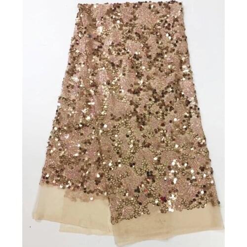 5yards/pc) high quality African sequins lace fabric champagne gold French net lace fabric for bling bling party dress FJY109