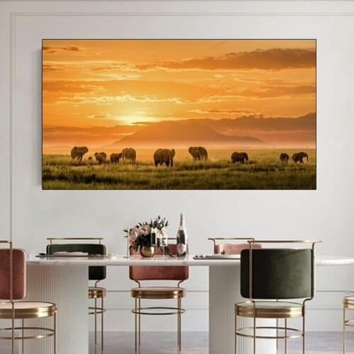 African Grassland Landscape Canvas Painting Animal Elephant Posters and Prints Wall Pictures Modern Living Room Home Decoration