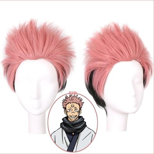 Anime Jujutsu Kaisen Cosplay Wig Sukuna Short Pink Hair Cosplay Wig + Free Wig Cap Synthetic Party Props for Men Accessories